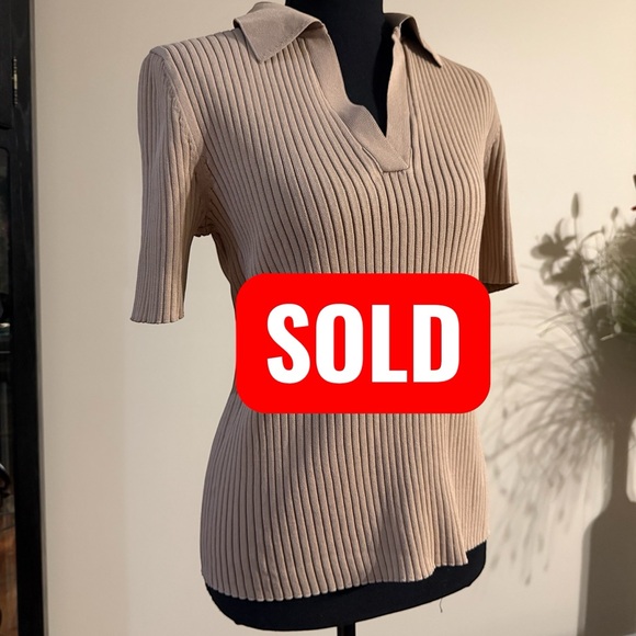 CeCe Beige Ribbed Collared Knit Top - Picture 1 of 9